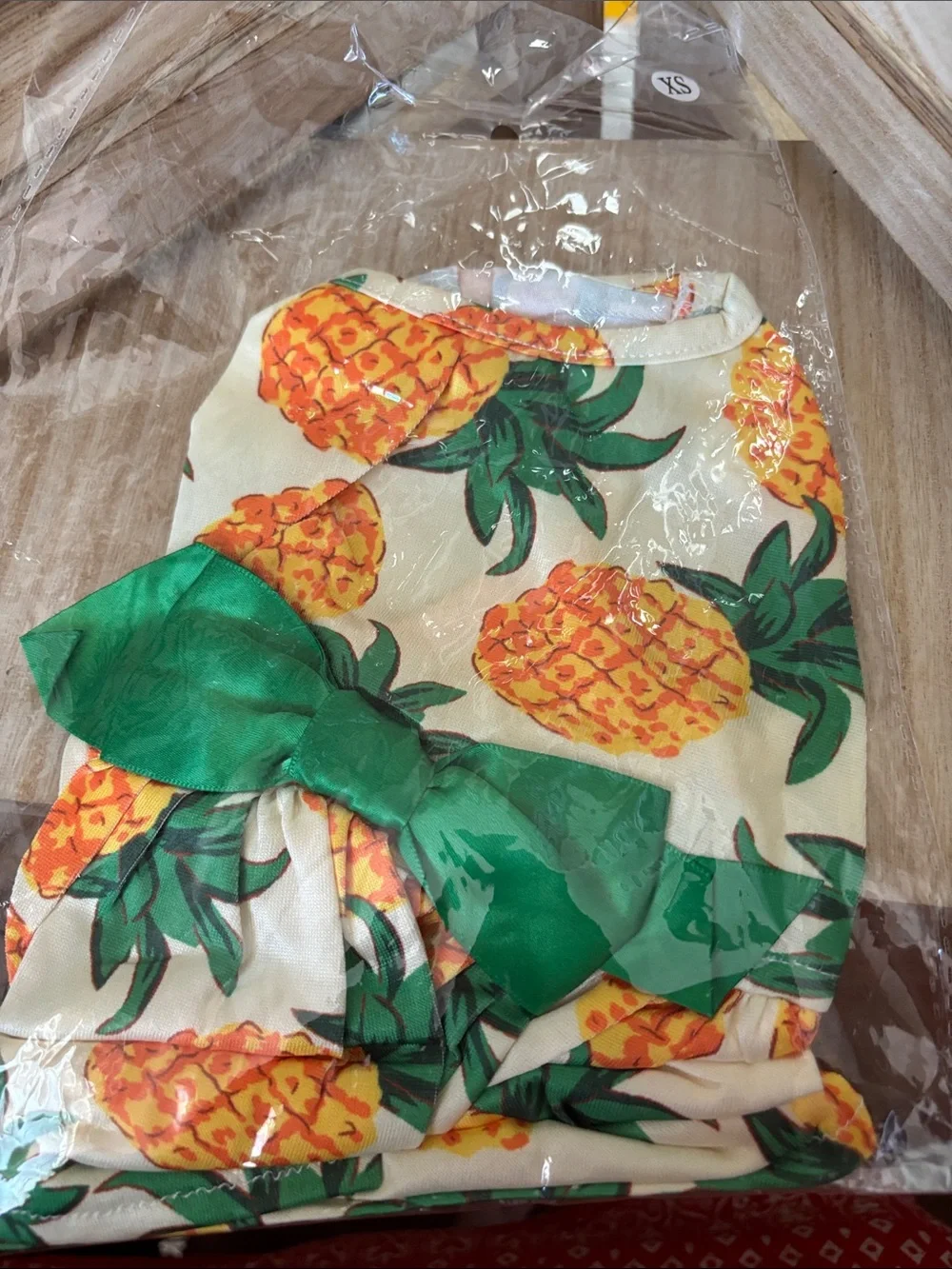 Pineapple Print Pet Dress with Green Bow XS NIP